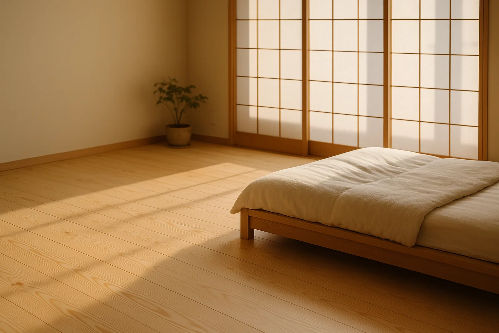 桧の床のある静かな寝室