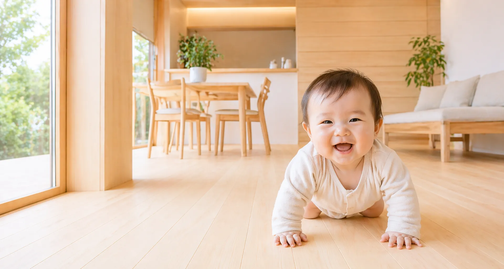 桧の無垢フローリングの上でくつろぐ赤ちゃん